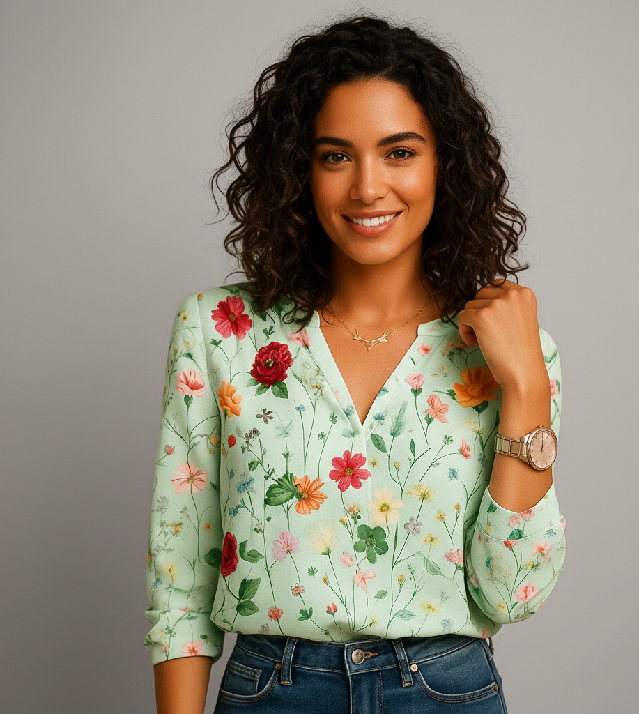 Bloemenblouse Dames Feline met V-hals en Lange Mouwen