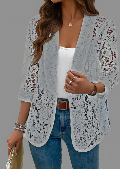 Dames kanten blazer met transparante stof en elegante driekwart mouw