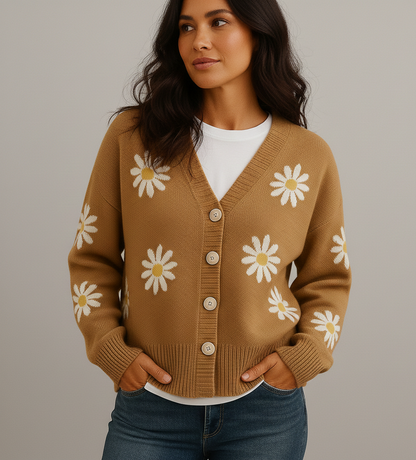 Gebreid Damesvest Elske met Bloemenpatroon en Knoopsluiting