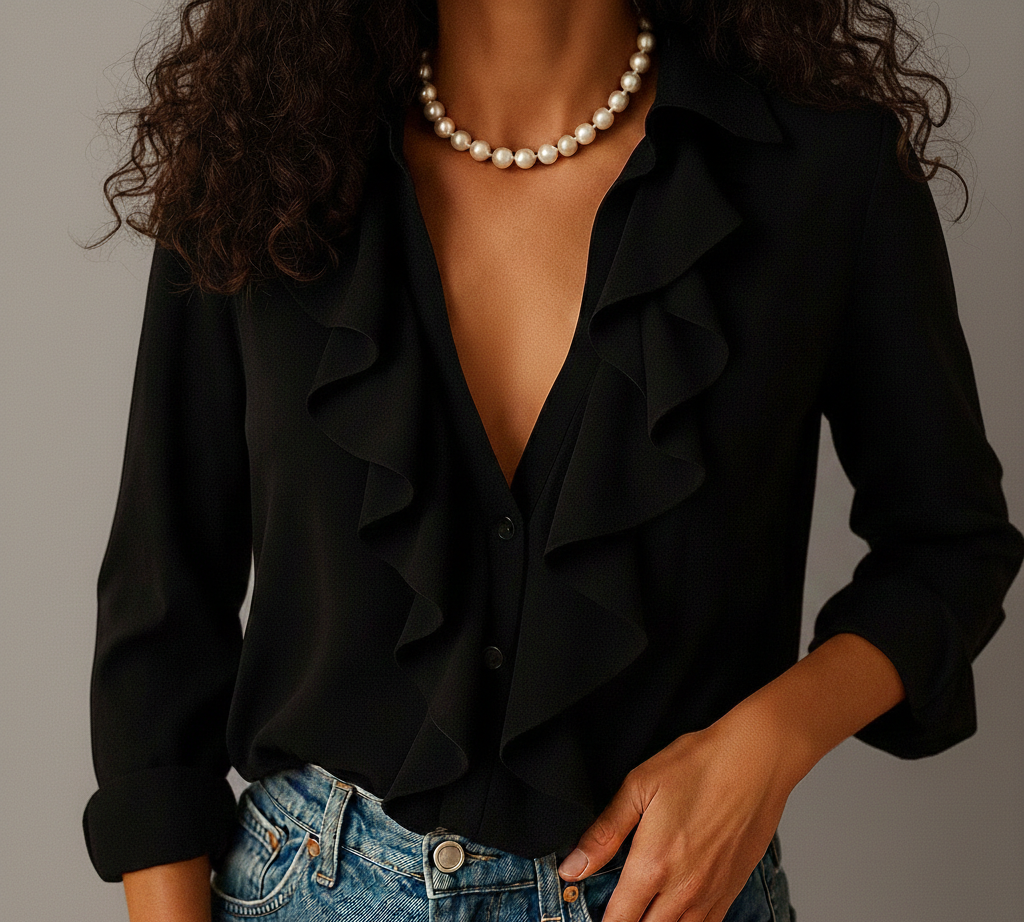 Elegante Damesblouse “Sereen” – Ruches & Vlinderprint voor Stijlvol Outfit