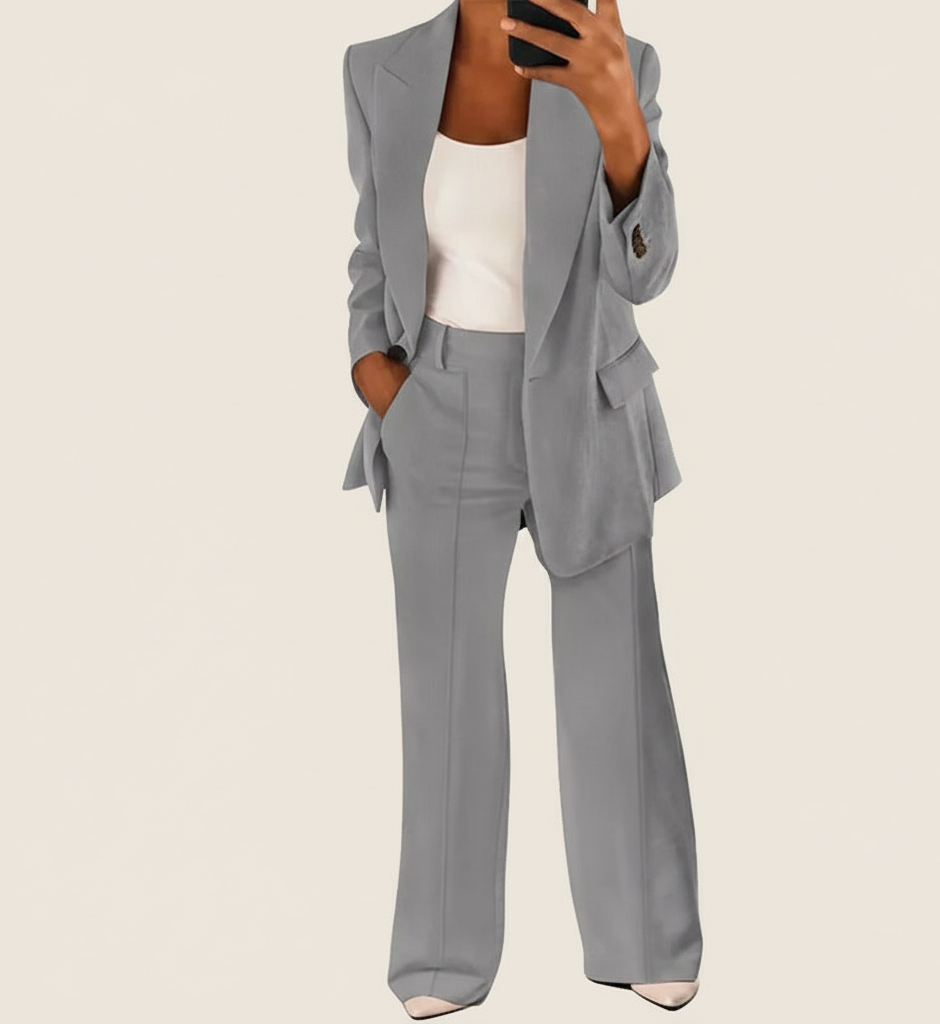 Elegante Dames Broekpak Set met Blazer en Wijde Pijpen