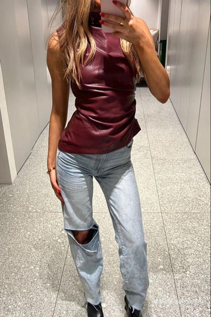 Veerle Dames Top – Vegan Leather Look Top met Elegante Uitstraling