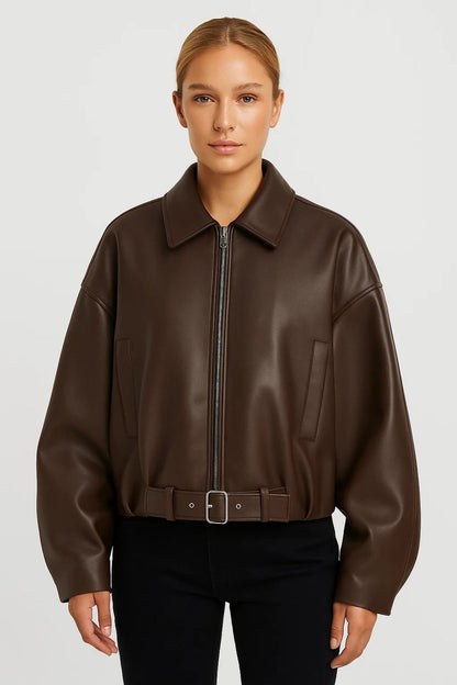 Dames Oversized Bikerjack Stoere Look – Ritssluiting en Kraag