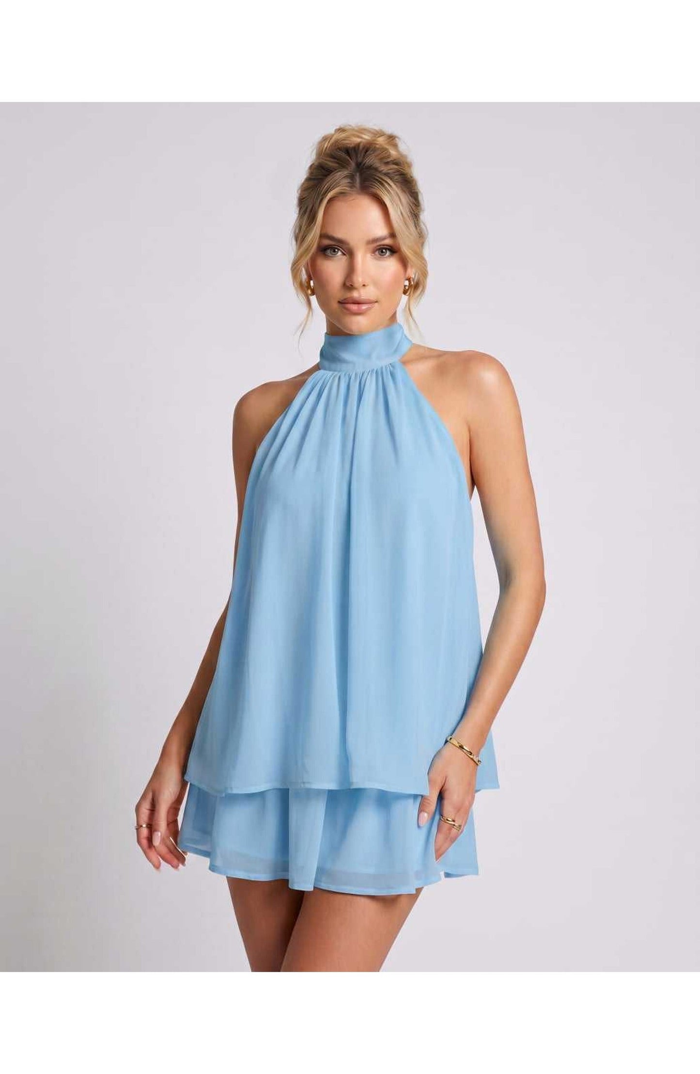 Zomerse Lunara Halterneck Mini Jurk met Gelaagde Rok Elegant Look