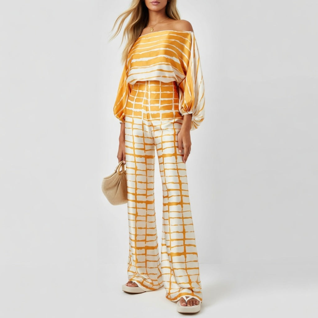 Satijnglans Off-Shoulder Set Dames Elegant Patroon Tweedelig