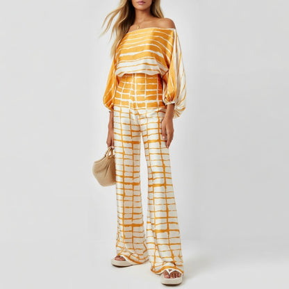 Satijnglans Off-Shoulder Set Dames Elegant Patroon Tweedelig