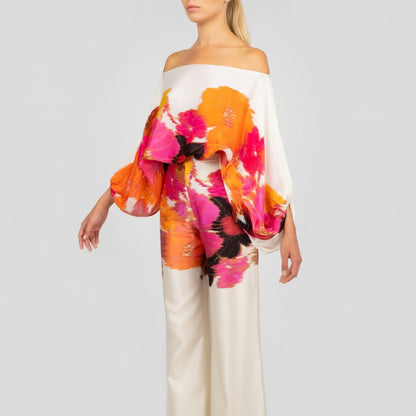 Satijnglans Off-Shoulder Set Dames Elegant Patroon Tweedelig