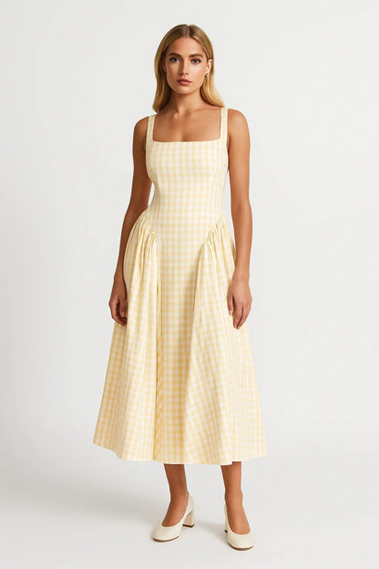 Zomerse Ruitpatroon Midi Jurk – Elegante Damesjurk met Bandjes