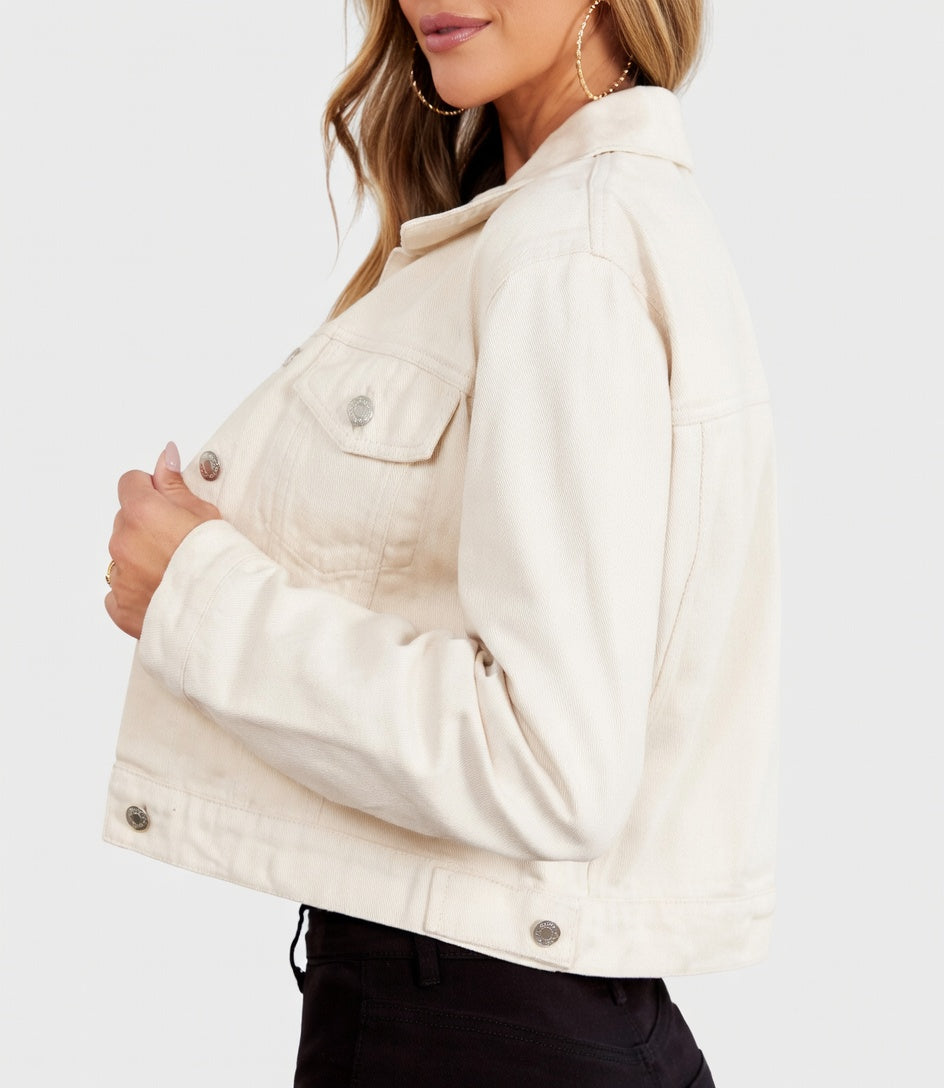 Denavie Dames Cropped Spijkerjack met Klassieke Kraag