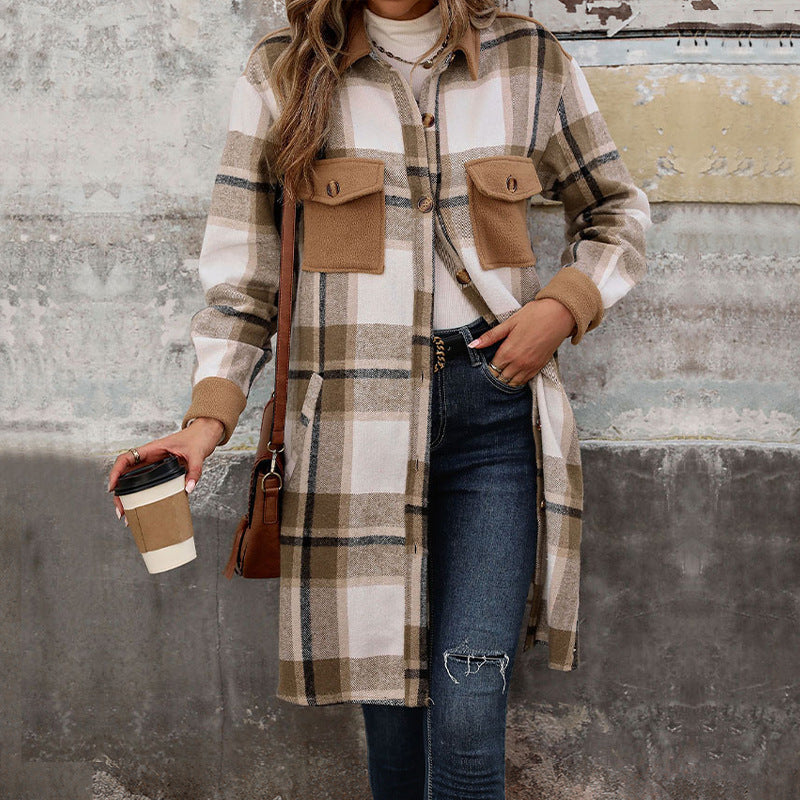 Dames Overshirt Geruit Lang Model met Knoopsluiting en Borstzakken