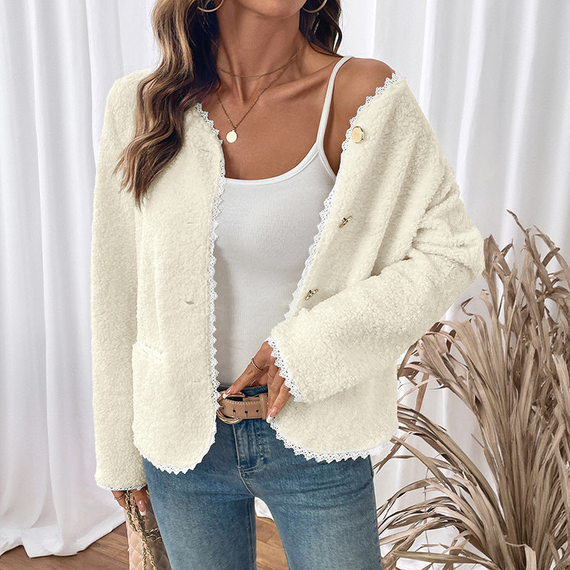 Dames Teddyjack met Kantdetails en Ronde Halslijn