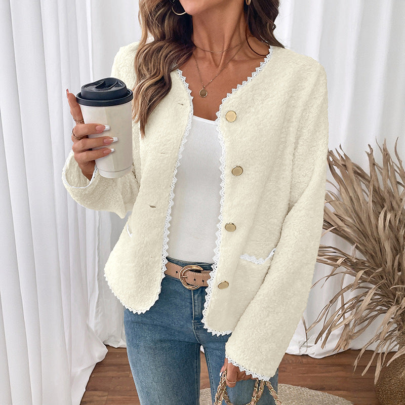 Dames Teddyjack met Kantdetails en Ronde Halslijn