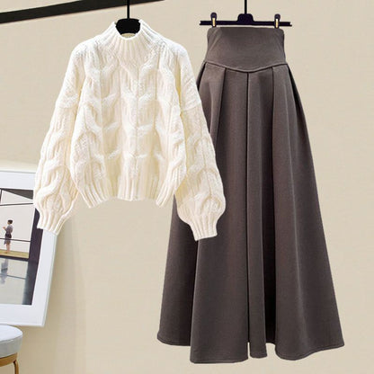 Dames 2-Delige Set – Gebreide Trui en Plooirok met Hoge Taille