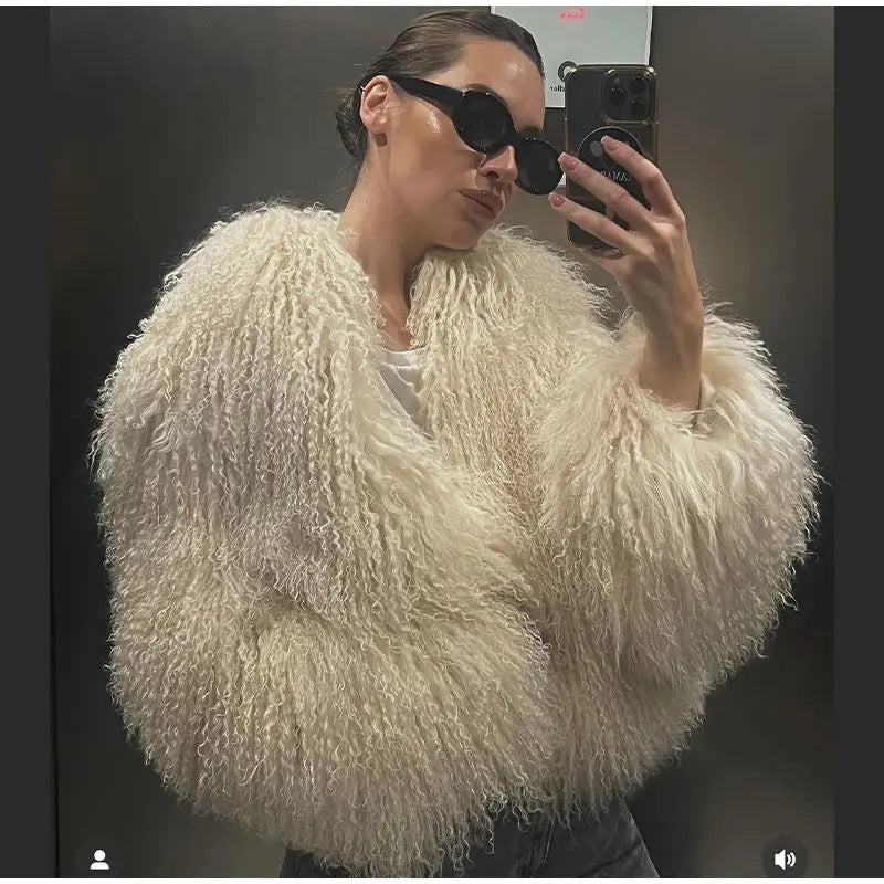 Fluffy Faux Fur Jas met Hoge Kraag voor de Winter