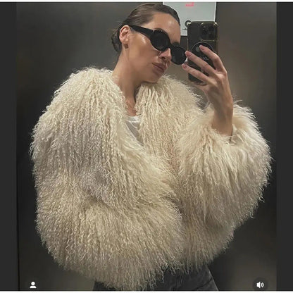 Fluffy Faux Fur Jas met Hoge Kraag voor de Winter