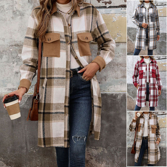 Dames Overshirt Geruit Lang Model met Knoopsluiting en Borstzakken
