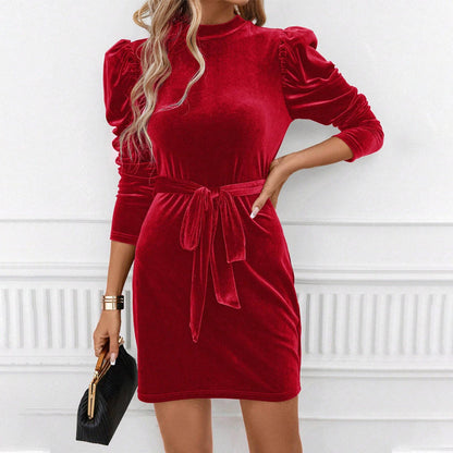 Fluweelchic Damesjurk – Mini Jurk met Pofmouwen en Tailleceintuur