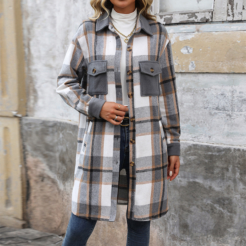 Dames Overshirt Geruit Lang Model met Knoopsluiting en Borstzakken