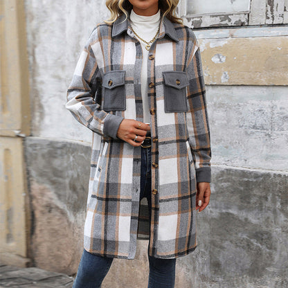 Dames Overshirt Geruit Lang Model met Knoopsluiting en Borstzakken