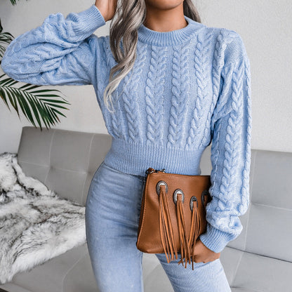 Dames Kabeltrui – Cropped Model met Ronde Hals en Lange Mouwen