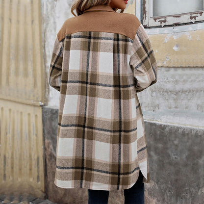Dames Overshirt Geruit Lang Model met Knoopsluiting en Borstzakken
