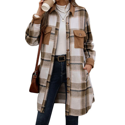 Dames Overshirt Geruit Lang Model met Knoopsluiting en Borstzakken