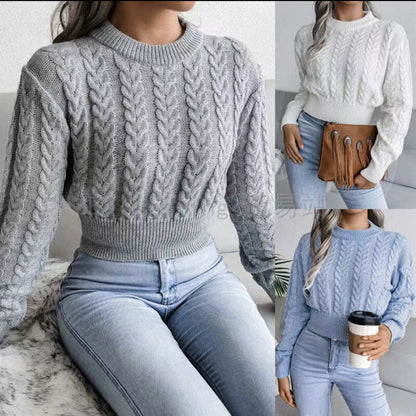 Dames Kabeltrui – Cropped Model met Ronde Hals en Lange Mouwen
