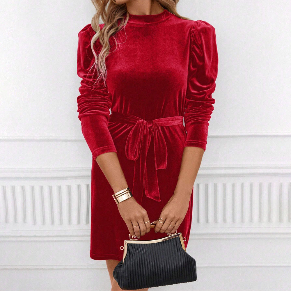 Fluweelchic Damesjurk – Mini Jurk met Pofmouwen en Tailleceintuur