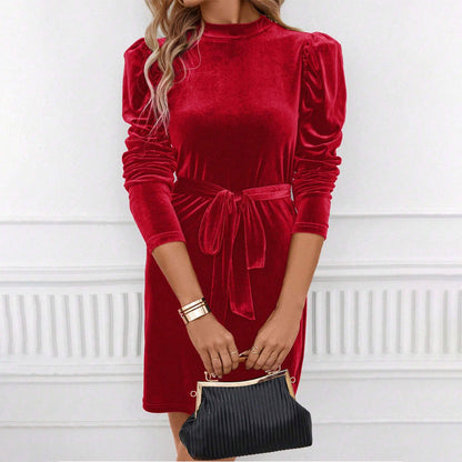 Fluweelchic Damesjurk – Mini Jurk met Pofmouwen en Tailleceintuur