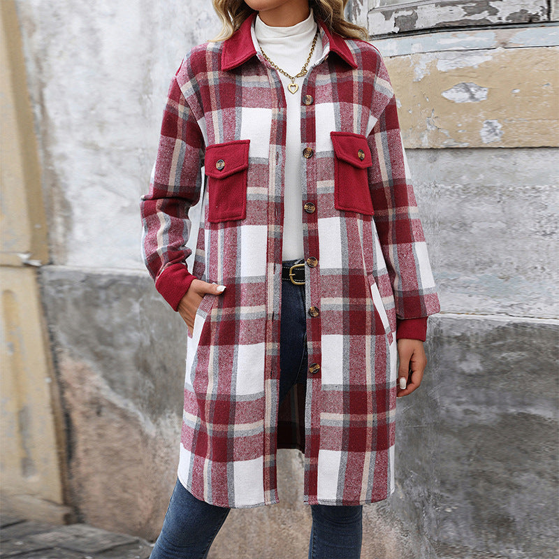 Dames Overshirt Geruit Lang Model met Knoopsluiting en Borstzakken