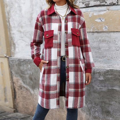 Dames Overshirt Geruit Lang Model met Knoopsluiting en Borstzakken