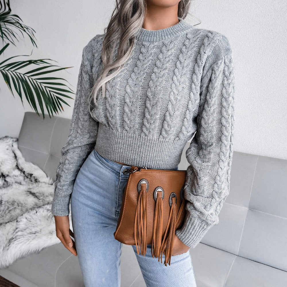 Dames Kabeltrui – Cropped Model met Ronde Hals en Lange Mouwen