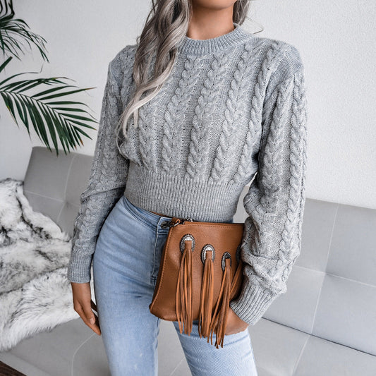 Dames Kabeltrui – Cropped Model met Ronde Hals en Lange Mouwen