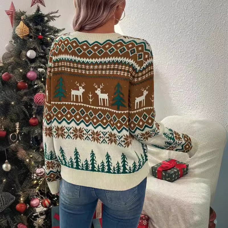 Rendivellea – Gebreide Dames Kersttrui met Rendieren en Kerstbomen
