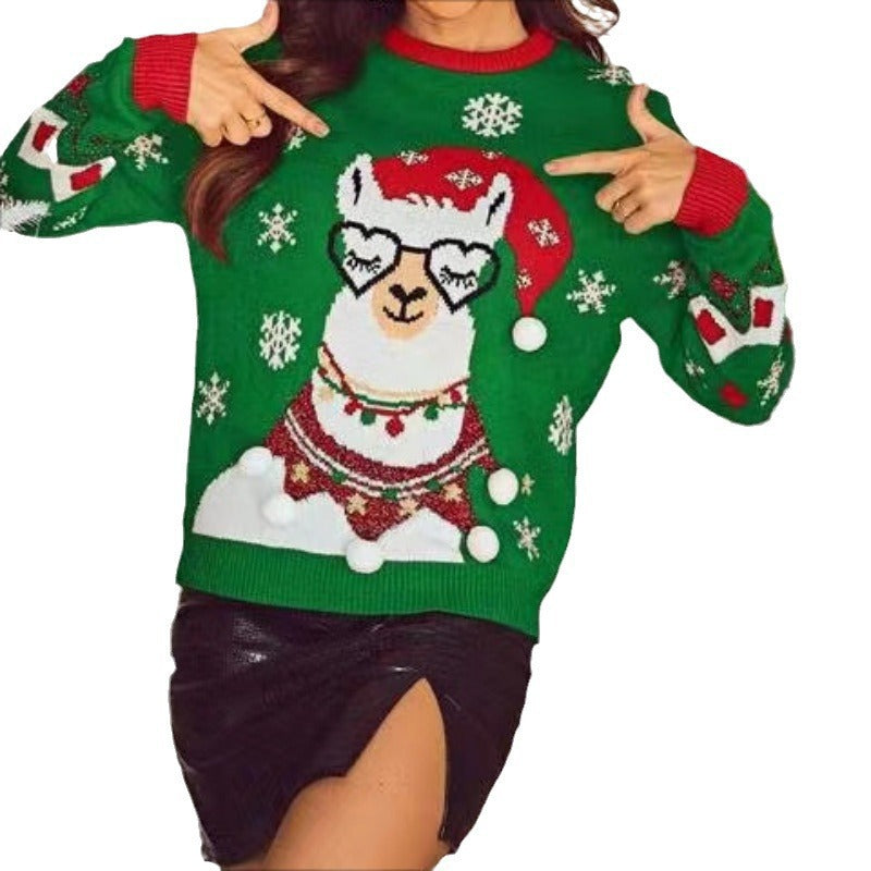 Dames Kersttrui met Lama-Motief en Decoratieve Pompons