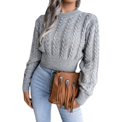 Dames Kabeltrui – Cropped Model met Ronde Hals en Lange Mouwen