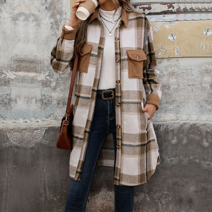 Dames Overshirt Geruit Lang Model met Knoopsluiting en Borstzakken