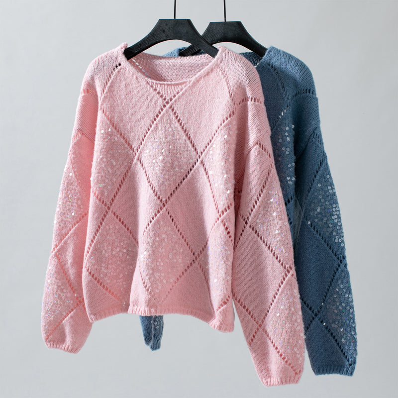 Glansweef Damestrui met Pailletten – Luchtige Pullover met Ronde Hals