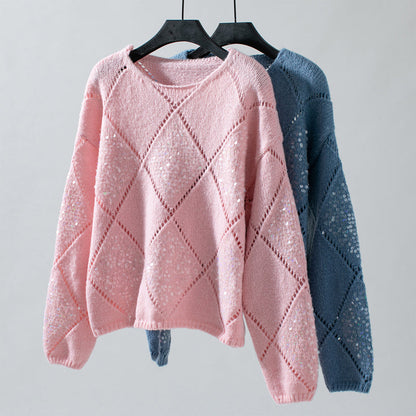 Glansweef Damestrui met Pailletten – Luchtige Pullover met Ronde Hals