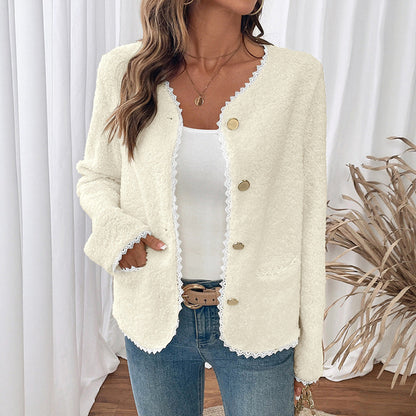 Dames Teddyjack met Kantdetails en Ronde Halslijn