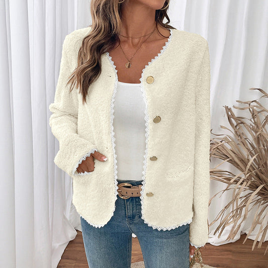 Dames Teddyjack met Kantdetails en Ronde Halslijn