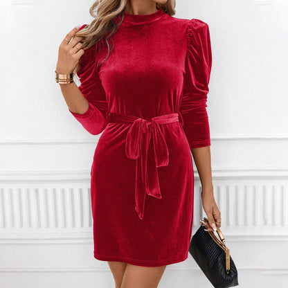 Fluweelchic Damesjurk – Mini Jurk met Pofmouwen en Tailleceintuur