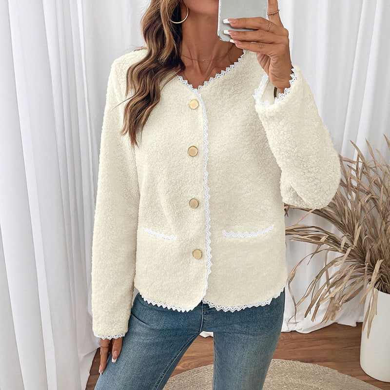 Dames Teddyjack met Kantdetails en Ronde Halslijn