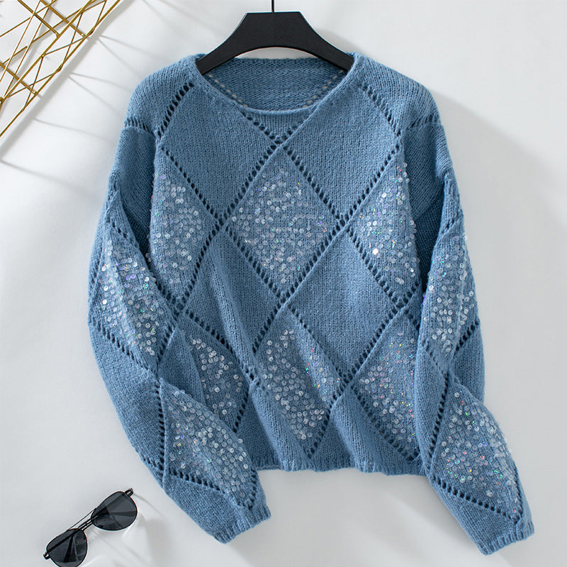 Glansweef Damestrui met Pailletten – Luchtige Pullover met Ronde Hals