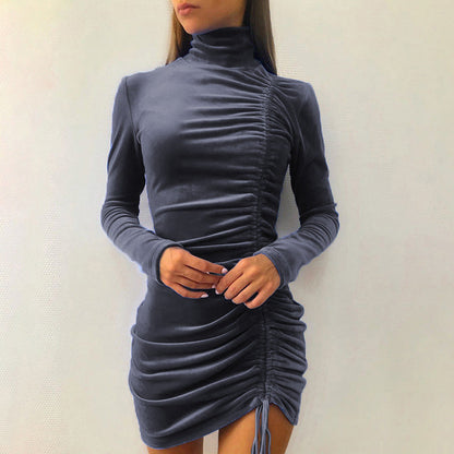 Dames Bodycon Minijurk – Polokraag, Drapering en Strik