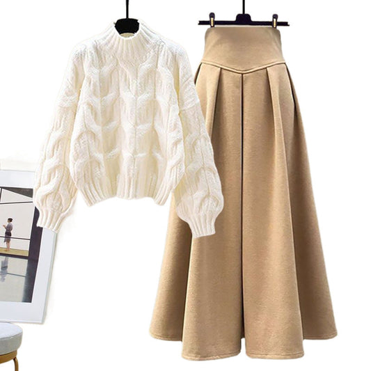 Dames 2-Delige Set – Gebreide Trui en Plooirok met Hoge Taille