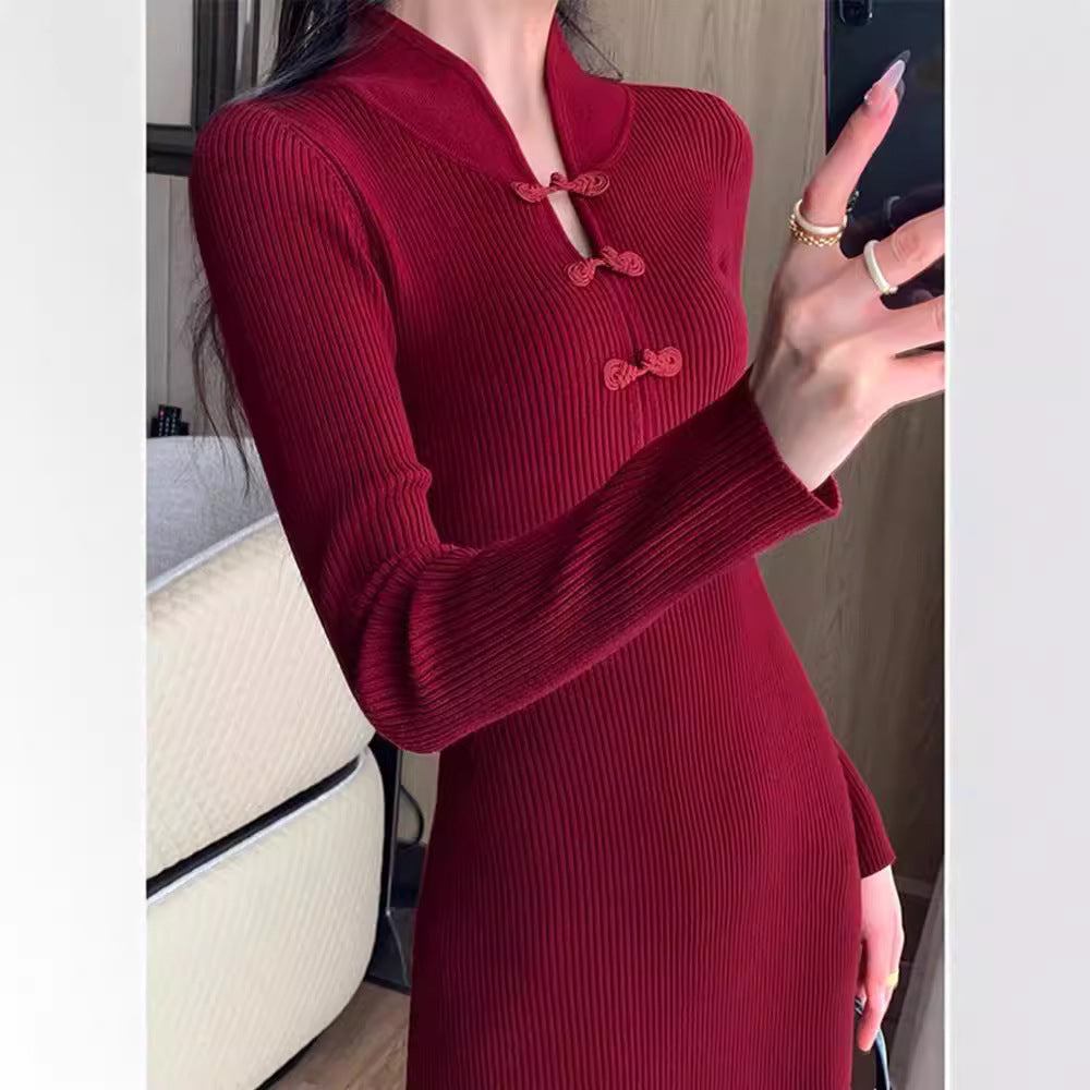 Dames Ribgebreide Midi Jurk met Hoge Kraag en Knopdetails