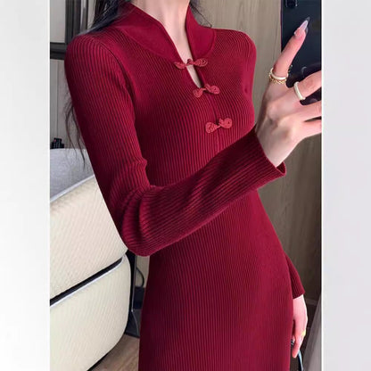 Dames Ribgebreide Midi Jurk met Hoge Kraag en Knopdetails