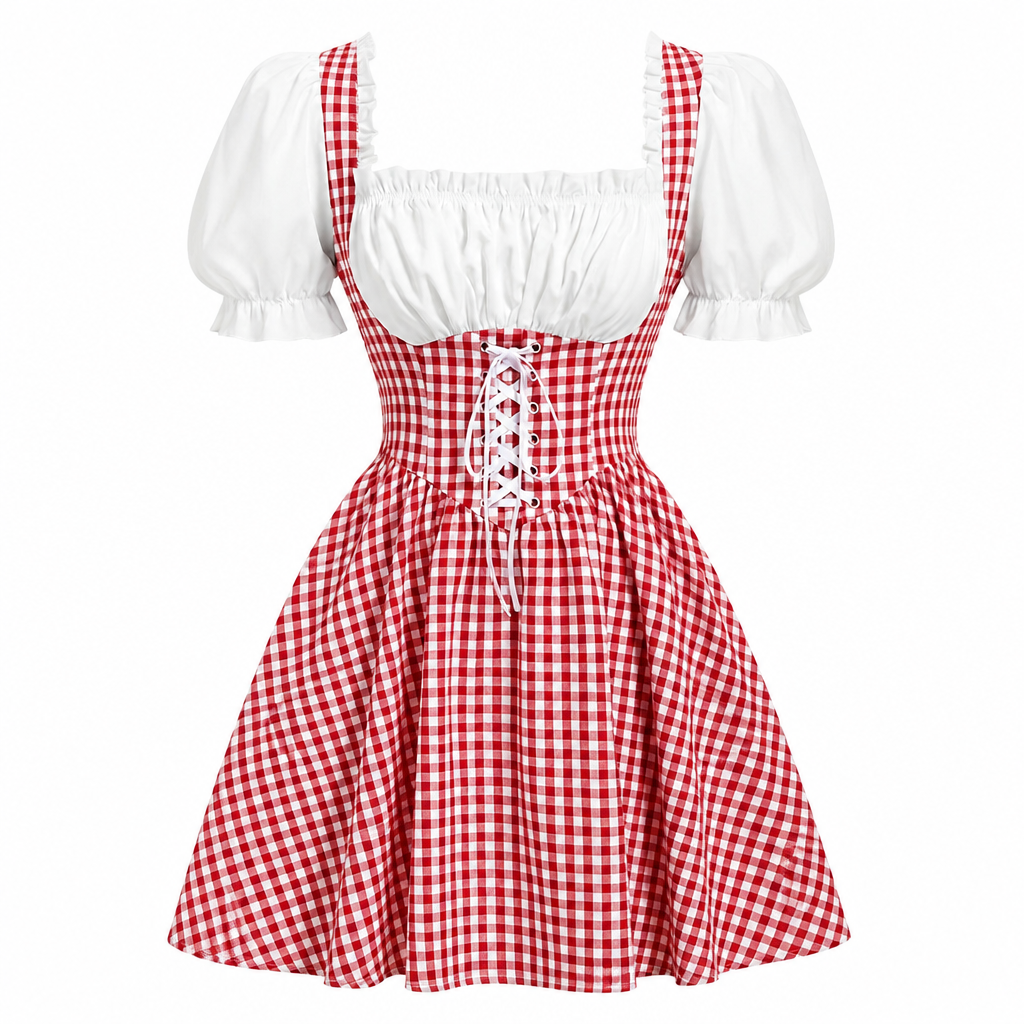 Dames Oktoberfest Jurk FeestRuit – Geruit met Pofmouwen