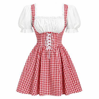 Dames Oktoberfest Jurk FeestRuit – Geruit met Pofmouwen